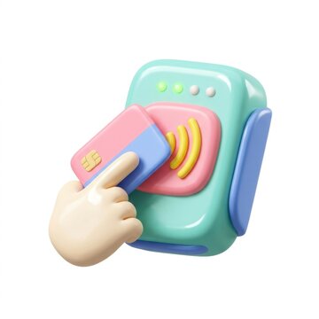 Contactless payment NFC terminal 3D icon with hand holding credit card for fintech apps