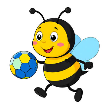 Cute kawaii honey bee dribbling a soccer ball happily for cheerful children clothing design generative AI
