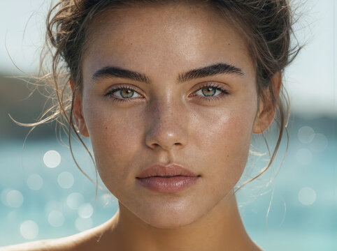 Woman with shimmering water light on her face  under water reflections in skincare close-up