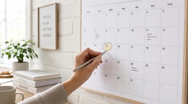 Woman circling date on wall calendar
