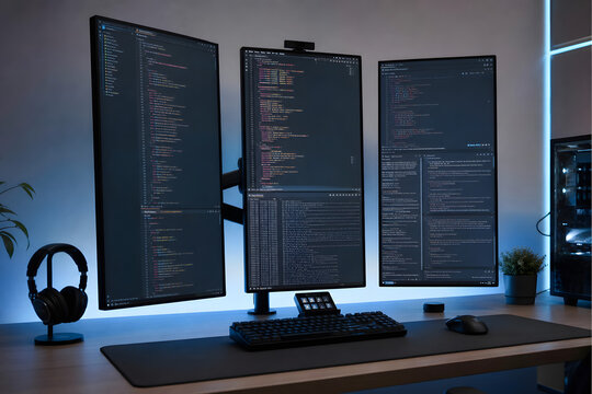 Triple Vertical Monitors Displaying Code in Modern Workspace