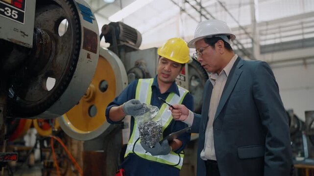 Young worker shows scrap metal to supervisor. Both wear hard hats and safety gear. Worker holds bag, supervisor points to machine
