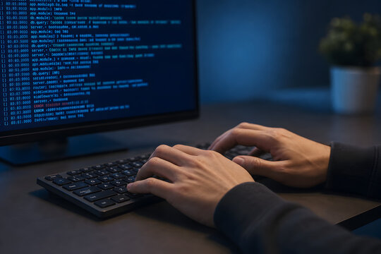 Developer hands over keyboard with glowing debug screen