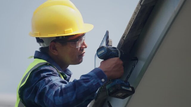 Technician Mounting Solar Panel for Residential Clean Energy Installation