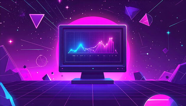 Eighties sci fi illustration of floating retro computer screen showing abstract chart creating playful tech mood generative AI