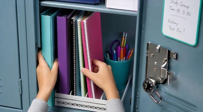 Student organizing colorful binders in school locker
