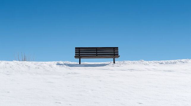 A Wooden Bench Sits Alone on a Snow-Covered Hill Under a Clear Blue Sky，cold winter atmosphere.