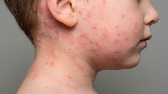 Clinical dermatology macro photo of acute confluent maculopapular measles rash on child face