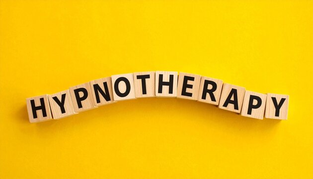 White square tiles with black letters arranged in curved line spelling &ldquo;HYPNOTHERAPY&rdquo; against bright yellow background, visually striking contrast between white tiles and vivid yellow backdrop, compos