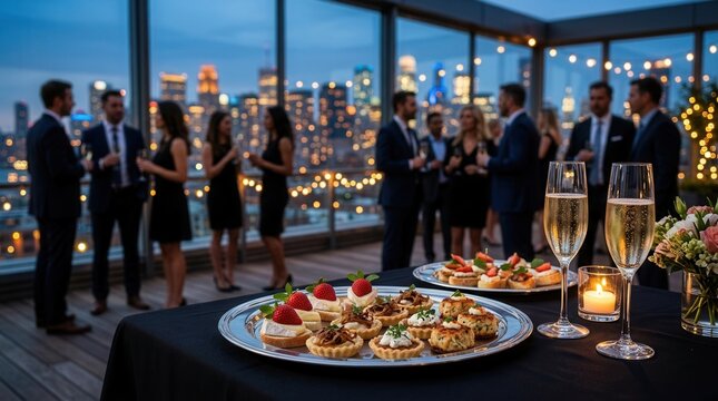Social gathering networking event featuring champagne glasses and appetizers on a rooftop at dusk.