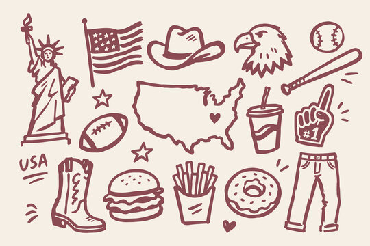 USA Symbols Doodle Vector Set