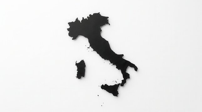 Black silhouette of Italy map on white background featuring Sicily and Sardinia islands, ideal for geography themes or travel graphic design.