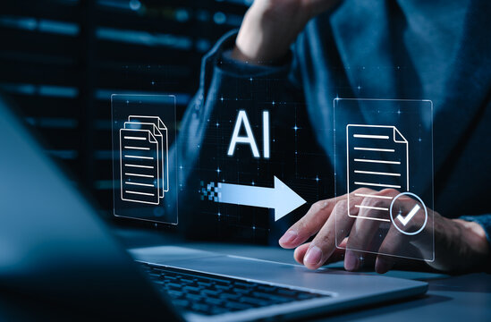 AI document processing concept. Businessman using laptop and file workflow, automated document review, text extraction, content validation, approval verification, intelligent information management