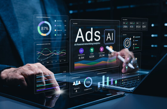 AI advertising analytics dashboard helps marketer monitor campaign performance, impressions, click, conversions, revenue, targeting, audience insight, ROI, reach for data driven marketing optimization