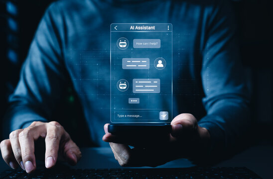 AI customer service chatbot helps people communicate via smartphone interface, providing assistance, automated support, instant messaging, user engagement, problem-solving, and digital communication.