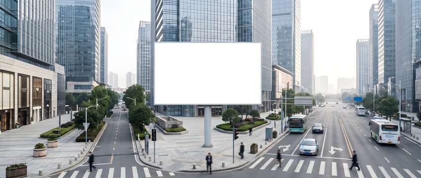 Blank Billboard Mockup in Modern Business District with Glass Skyscrapers for Outdoor Advertising Presentation