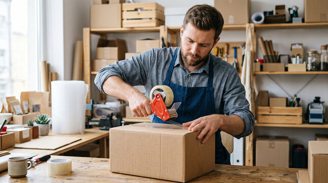 Man sealing a cardboard box with tape in a workshop full of packages and supplies for shipping