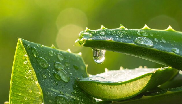 water drops on a green leaf of aloevera plant
