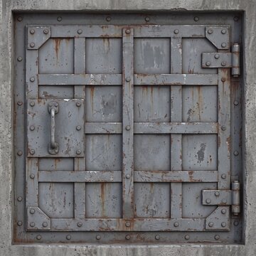 Heavily rusted industrial metal door with peeling grey paint, prominent rivets, and a handle, set in a rugged concrete frame. Perfect for gritty textures.