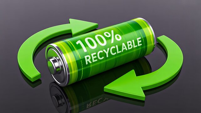 100 percent recyclable battery surrounded by green arrows for sustainable energy recycling