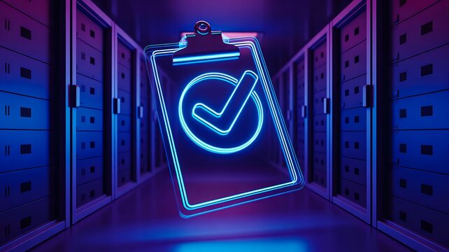 Digital approval checklist with glowing verification symbol in modern data center