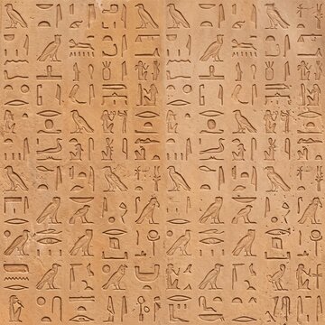 Seamless pattern of intricate ancient Egyptian hieroglyphs carved into a textured stone background. Features pharaohic symbols, birds, and figures. Generative AI.