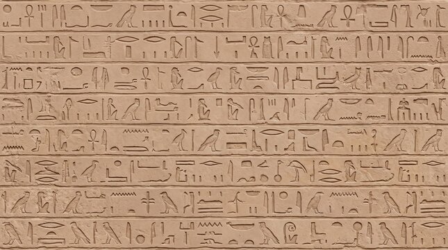 Detailed texture of ancient Egyptian hieroglyphs meticulously carved into a sandy stone wall. Perfect for historical, cultural, and design backgrounds.