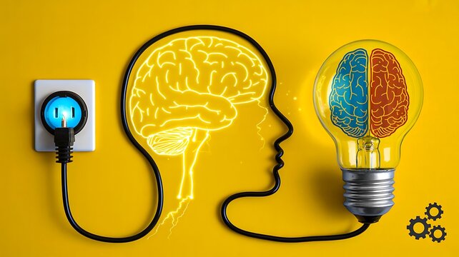 Brain power and creative innovation concept with glowing brain and light bulb connected by technology