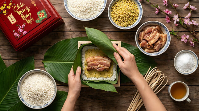 Overhead top view of traditional Vietnamese lunar new year Banh Chung cake preparation process using green dong leaves and sticky rice for Tet holiday celebration in Vietnam kitchen setting