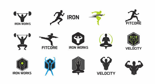 A collection of various fitness and gym logos featuring silhouettes of athletes engaged in weightlifting, running, martial arts, and yoga, with brand names like Iron Works and Fitcore.