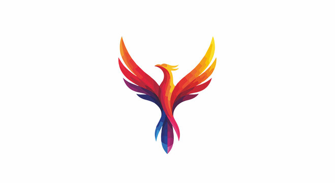 Vibrant and colorful stylized phoenix bird logo illustration with spread wings, depicting rebirth and strength.