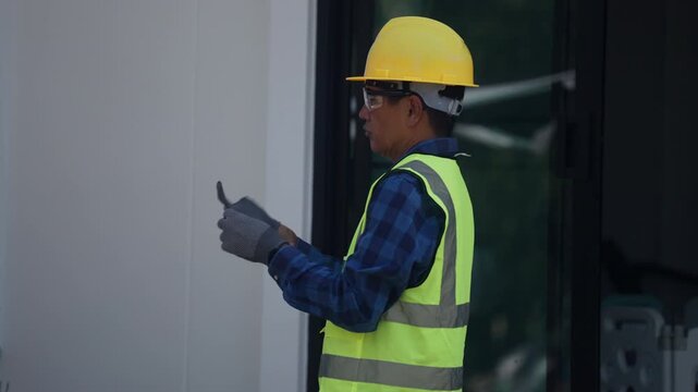 Professional worker installs residential solar equipment while following workplace safety practices, illustrating energy efficiency, renewable power, green technology and sustainable housing.