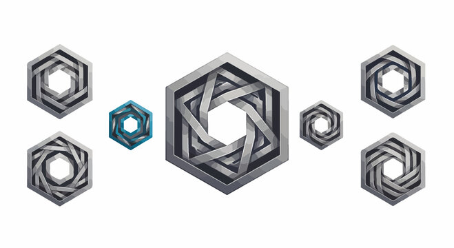 A collection of metallic hexagonal shapes with intricate interwoven patterns, resembling stylized irises or complex knots, against a white background.