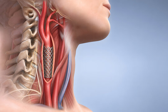 Carotid stent opening neck artery for brain blood flow
