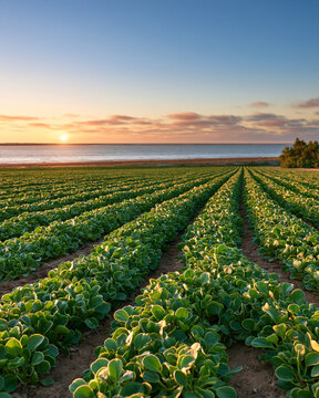 Coastal halophyte farm at sunrise with salt tolerant crop rows near the sea showcasing climate resilient agriculture and future food