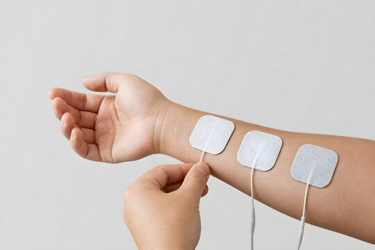 Electrical stimulation therapy pads on forearm in studio