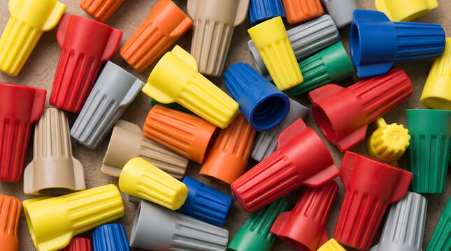 Colorful plastic wire nuts and twist-on electrical connectors scattered together in a close-up macro view, showing vibrant hardware tools for electric wiring repair and maintenance.