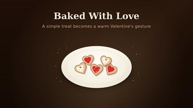Heart-shaped cookies with "Baked With Love" text on a plate