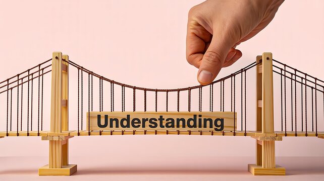 Understanding concept with wooden sign on bridge representing knowledge and connection