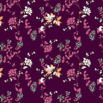 Delicate floral pattern with small blossoms and leaves on a deep plum background