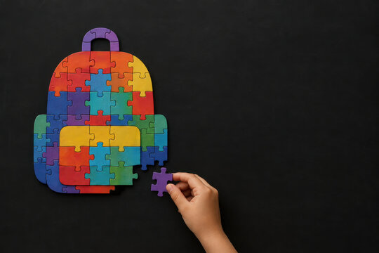 Colorful Puzzle Backpack with Child Placing Final Piece for Back to School Concept