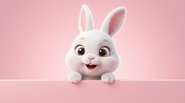 Fluffy rabbit cartoon character peeking over a pink wall, ideal for happy festive holiday greetings and ads.