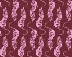 Pink leopards in a repeating pattern against a deep red background with a vintage aesthetic © Creativezone