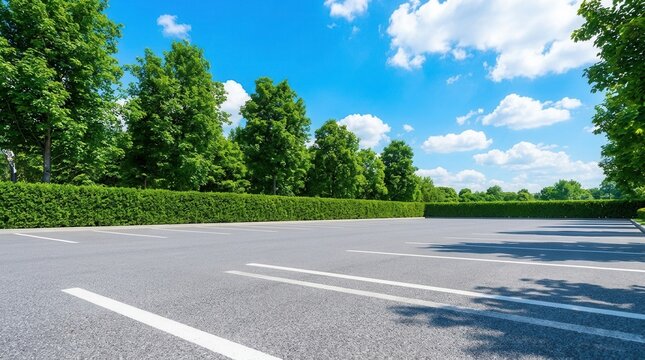 A sunny daytime scene featuring a manicured green hedge and an empty asphalt parking area.