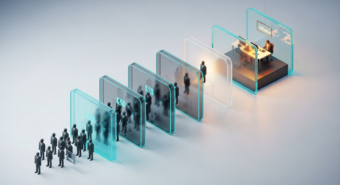 Recruitment process concept with people passing through filters