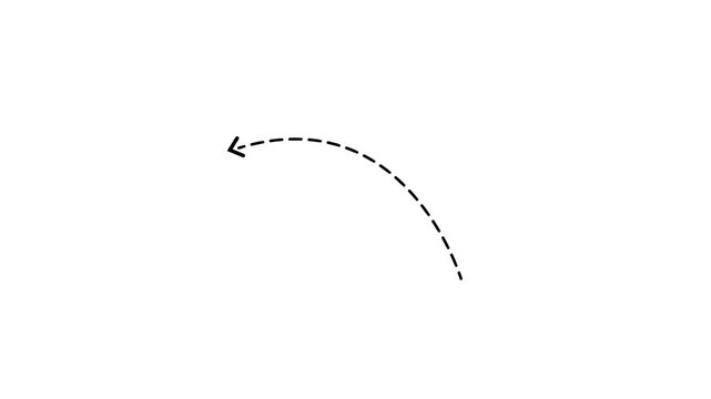 Arrow left direction icon with dotted line animation Black background. dot arrows icon sign animated with alpha channel. white arrows animation. Reveal animation of solid, dashed HD video.