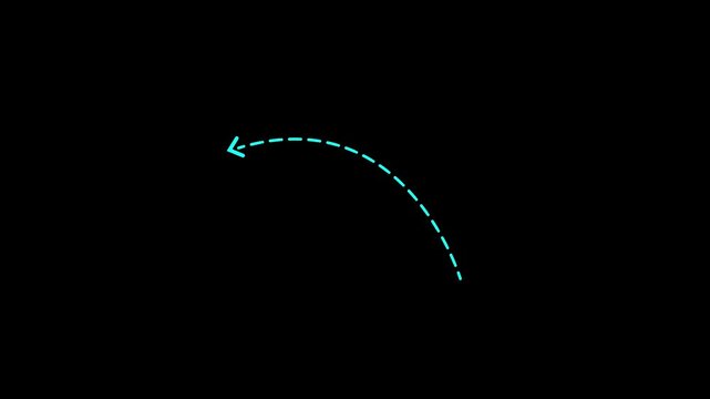 Arrow left direction icon with dotted line animation Black background. dot arrows icon sign animated with alpha channel. white arrows animation. Reveal animation of solid, dashed HD video.