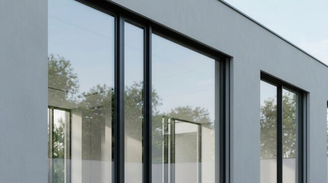 Light gray building exterior featuring sleek architectural design and modern black window frames.