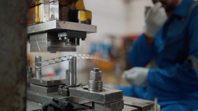 Worker wears gloves, carefully handles metal parts. Machine presses down firmly. Factory setting shows industrial precision and care. Human hands guide process, ensuring accuracy