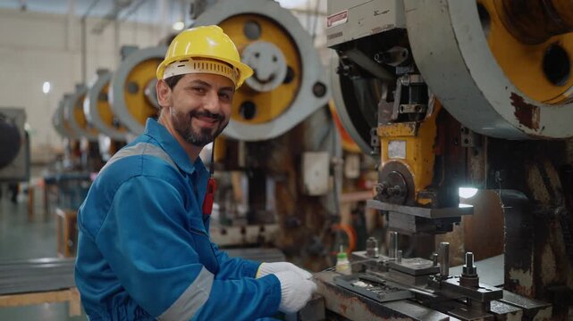 Worker smiles while operating heavy machinery. Industrial setting features large, yellow mechanical units. Worker wears safety gear and gloves